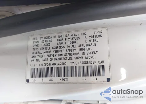 2008 Honda Accord 2.4 Lx-P z USA, uszkodzony, nr VIN 1HGCP26478A042090